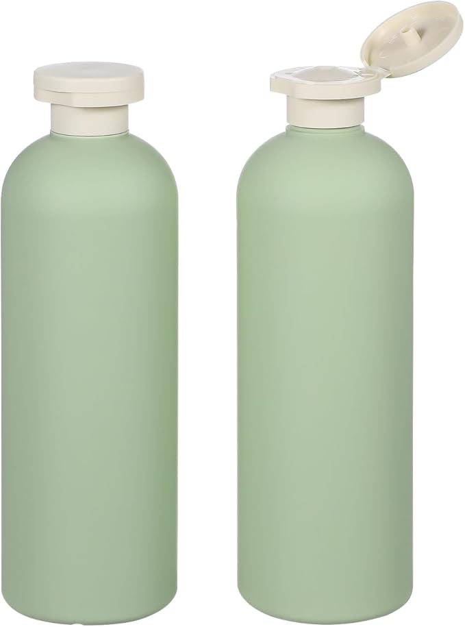 Cabilock 400ml Plastic Squeeze Bottles with Flip Caps Large Refillable Travel Bottles for Shampoo, Lotion & Conditioner Leakproof Toiletry Container Set, Green, 2pcs