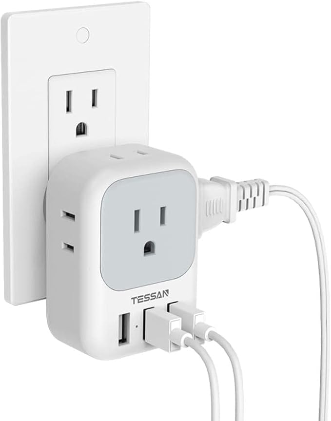 TESSAN USB Outlet Extender, Charger Block Multi Plug Adapter with 4 Electrical Outlet Splitter and 3 USB Wall Charging Ports, Multiple Plug Expander for Dorm, Office, Travel Cruise Essentials