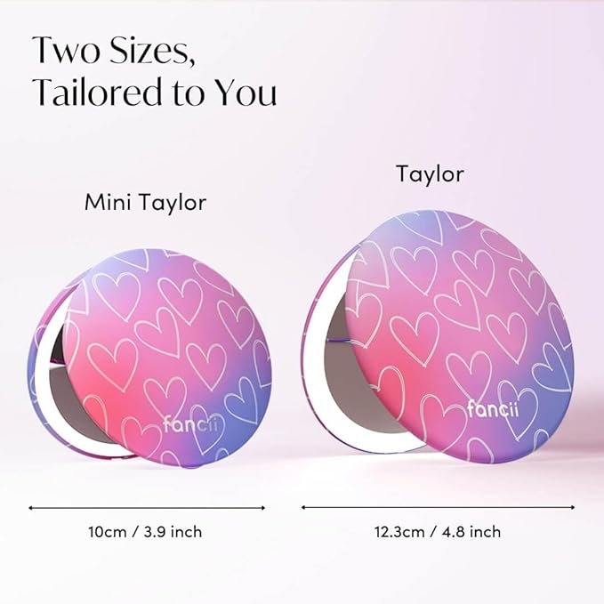 Fancii Mini Taylor Compact Magnifying Mirror with LED Light, 10x/1x, Rechargeable, 3 Light Settings, Dimmable - Small Lighted Travel Handheld Mirror for Pocket, Handbag, Purse, 2-Sided (Lovestruck)