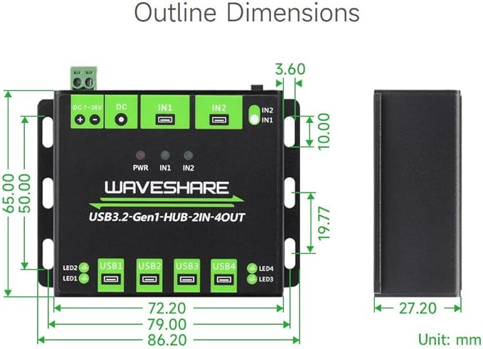 Waveshare Industrial Grade USB HUB, Extending 4X USB 3.2 Ports, Switchable Dual Hosts, Multi Protections