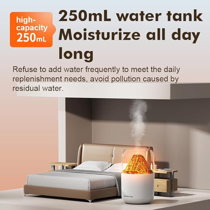 Portable Mini Volcano Humidifier, 300ml Small Cool Mist Humidifier, USB Personal Desktop Humidifier for Baby Bedroom Travel Office Home, Auto Shut-Off, 2 Mist Modes, Super Quiet-white
