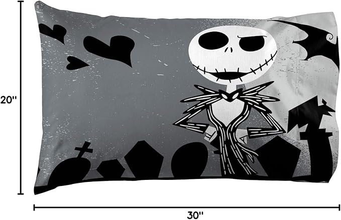 Jay Franco Disney Nightmare Before Christmas Grave Yard 1 Pack Reversible Pillowcase Featuring Jack Skellington and Sally - Kids Super Soft Bedding