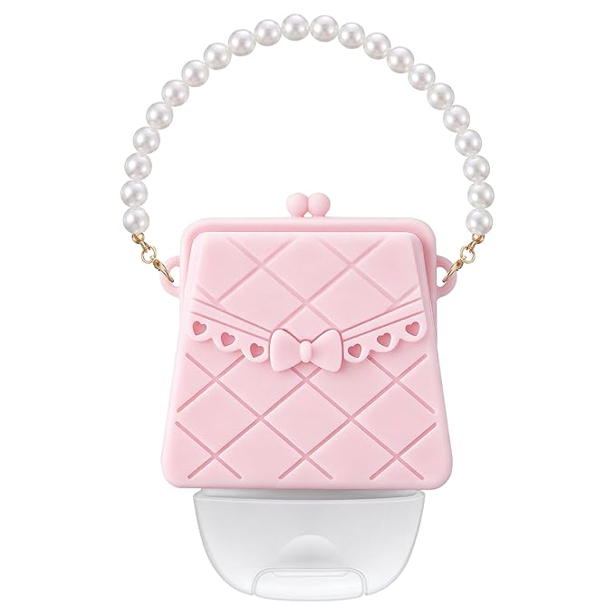 Saillong Cute Hand Sanitizer Holder, Pink Mini Handbag with Pearl Chain, Silicone Holder Compatible with Bath & Body Works PocketBac, Purse Style Body Work Sanitizer Holders