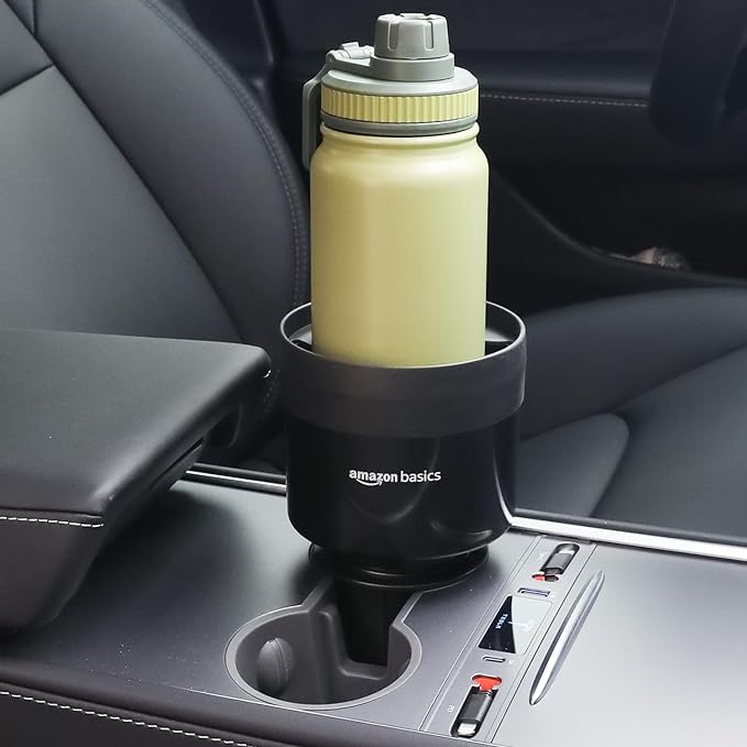 Amazon Basics Car Cup Holder Expander with Adjustable Base, Securely Holds Large Bottles 3.4 to 3.8 in Diameter, Compatible with Yeti, Hydro Flask, Easy Installation, Black