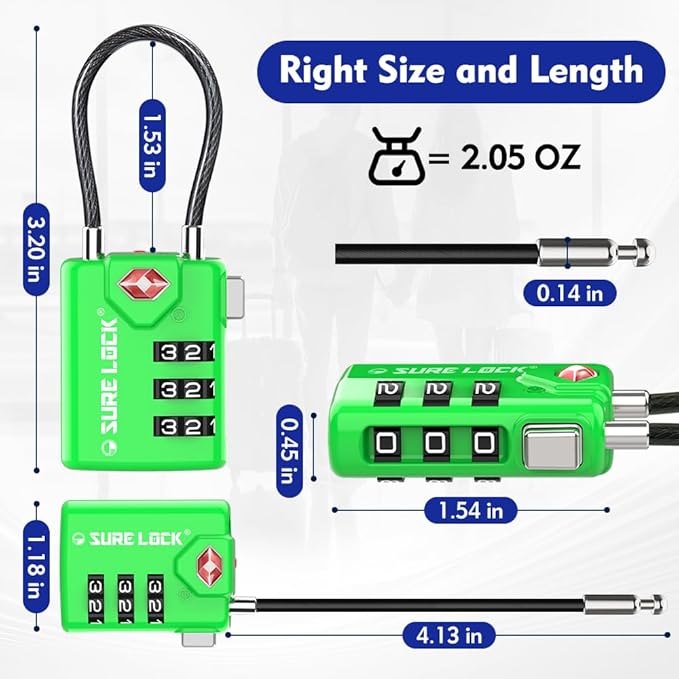 SURE LOCK TSA Approved Luggage Locks with Open Alert Indicator, 3 Digit Combination Cable Travel Lock for Suitcase, Backpack, Gym Locker, Toolbox & Travel Bag(Green 2 Pack