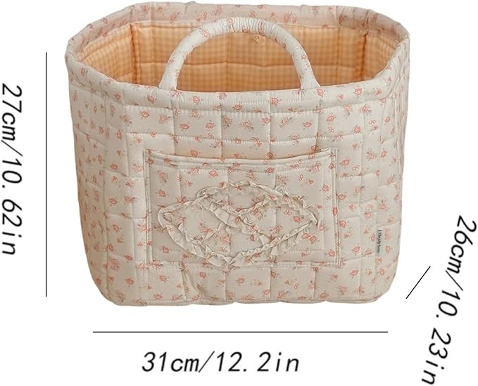 Floral Fabric Storage Basket Car Interior Storage Basket Underwear Sundries Laundry Baskets Supplies Home Organizer Bag (white bow)