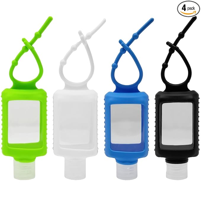 2oz Hand Sanitizer Holder with Clear Bottle, Silicone Sleeve and Keychain for Backpack Travel, Pack of 4