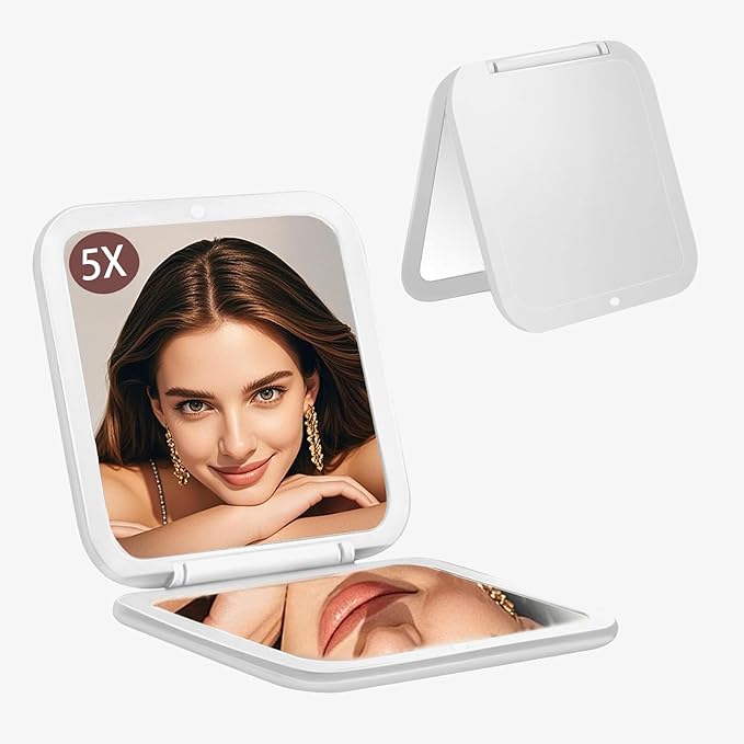 CYHTSHFZ Small Compact Mirror for Purse,5X/1X Travel Magnifying Mirror for Women, Makeup Mirror for Girls, Portable Ultra Slim Pocket Mirror(White)