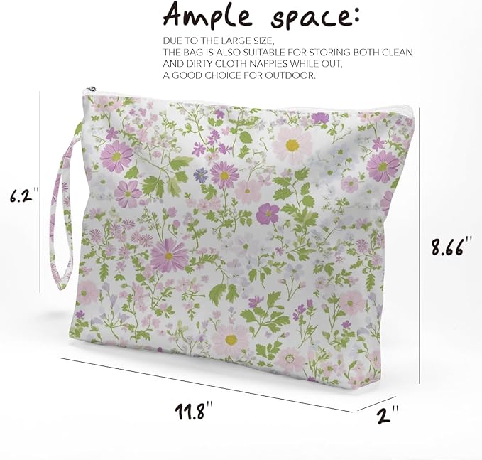 Fokongna Floral Print Wet Bag, Small Portable Waterproof Multi-Functional Organizer for Women, Ideal for Daily, Beach & Travel, White & Green Minimalist Wildflower