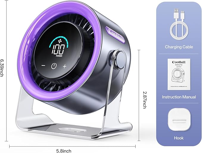 USB Desk Fan for Bedroom: 100 Speeds Digital Display Quiet Portable Fan with Turbo Airflow, 120° Rotating Small Rechargeable Battery Desktop & Wall-Mounted Fans for Bedroom Home Office