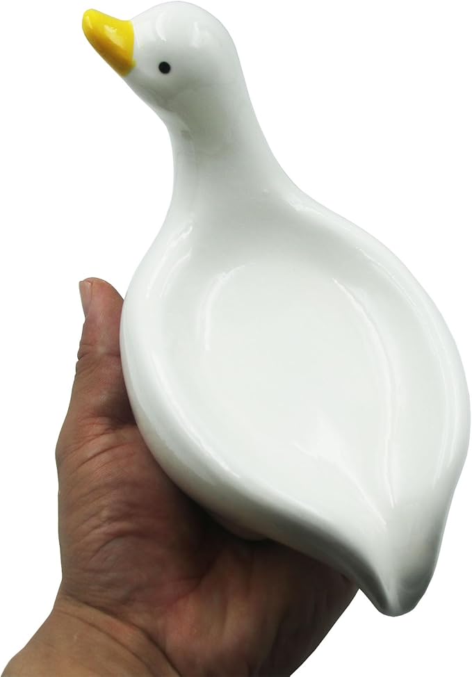 Ceramic Soap Dish,Cute Duck Shaped Self Draining Soap Holder, Sponge Holder, for Shower,Bathroom,Kitchen (White)