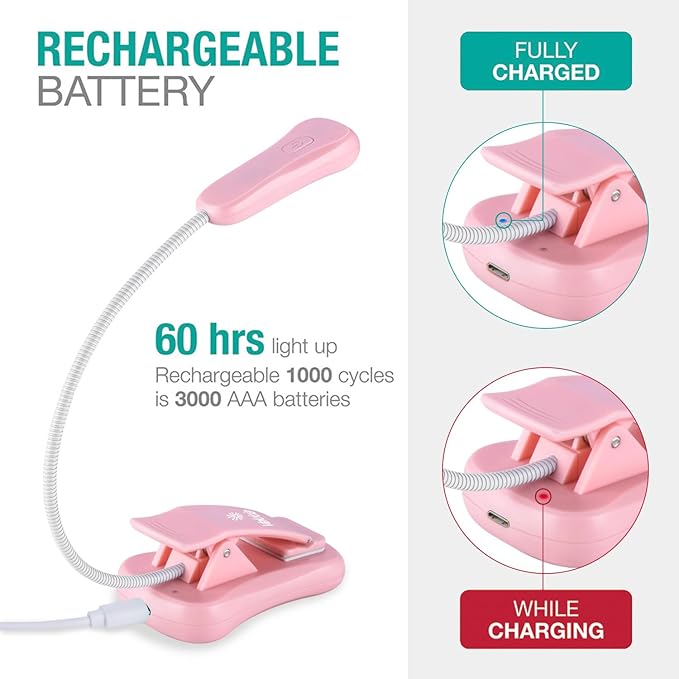 Vekkia 3000K Warm LED Rechargeable Book Light, Book Lights for Reading at Night, 3 Brightness, Up to 80 Hours, Lightweight, Great for Readers(Pink)