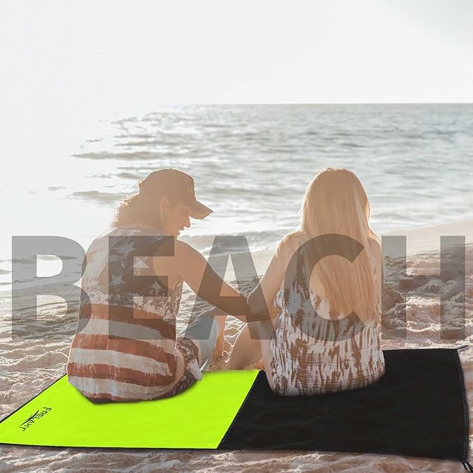 Frelaxy Pocket Picnic Blanket, Waterproof Sandproof Beach Mat, Compact Camping Tarp for Festivals, Hiking, Travel, Outdoor Recreation (Neon Green & Black, 28'' x 47'')