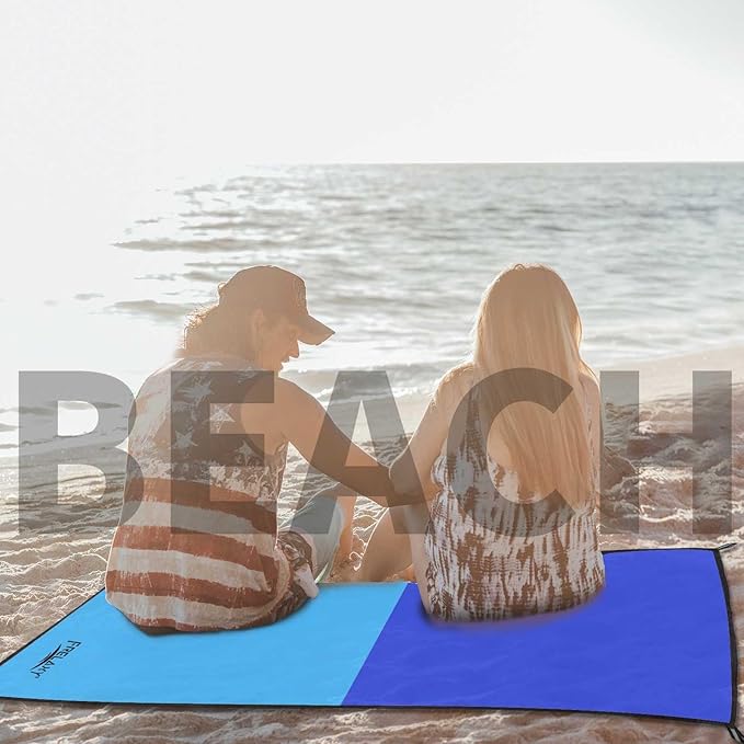 Frelaxy Pocket Picnic Blanket, Waterproof Sandproof Beach Mat, Compact Camping Tarp for Festivals, Hiking, Travel, Outdoor Recreation (Navy & Blue, 57'' x 60'')