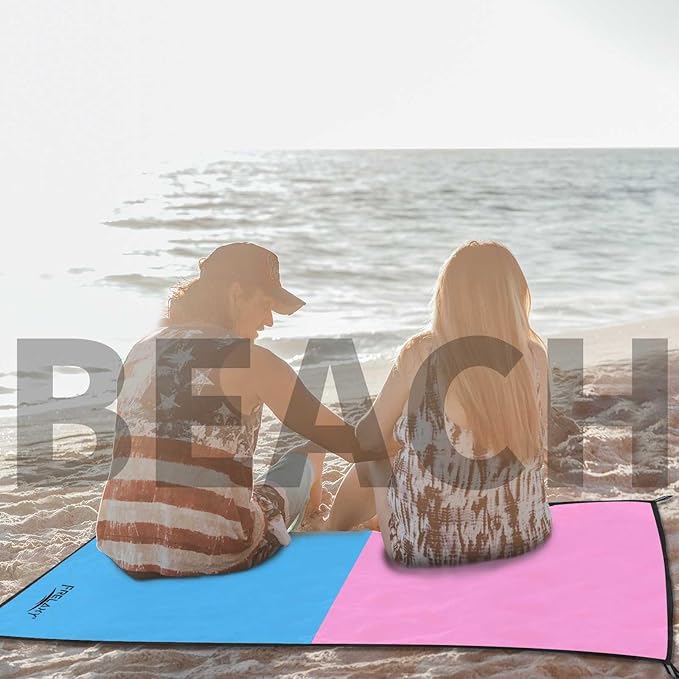 Frelaxy Pocket Picnic Blanket, Waterproof Sandproof Beach Mat, Compact Camping Tarp for Festivals, Hiking, Travel, Outdoor Recreation (Pink & Blue, 57'' x 60'')