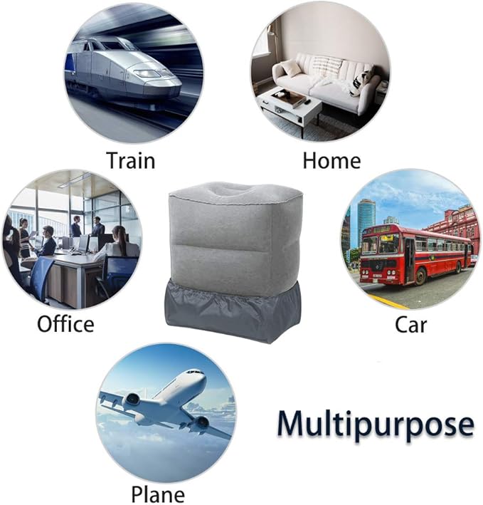 Inflatable Air Travel Foot Rest, Car Back Seat Pillow for Kids, Adjustable Height Leg Pillow for Long Flights, with Air Pump and Easy-Carry Strap, Great for Train, Office, Home (Grey, 2 Pack)