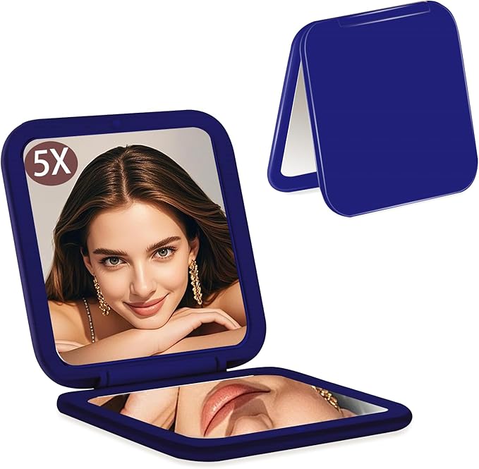 CYHTSHFZ Small Compact Mirror for Purse,5X/1X Travel Magnifying Mirror for Women, Makeup Mirror for Girls, Portable Ultra Slim Pocket Mirror(Dark Blue)