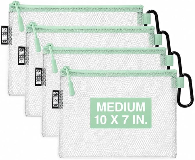 GOBAGS Air Production Medium Clear Zipper Pouch (4-Pack) – Cable Organizer & Travel Gear Bag for Electronics, Camera Accessories, Tool Pouch & Small Tech Storage (Mint Green)