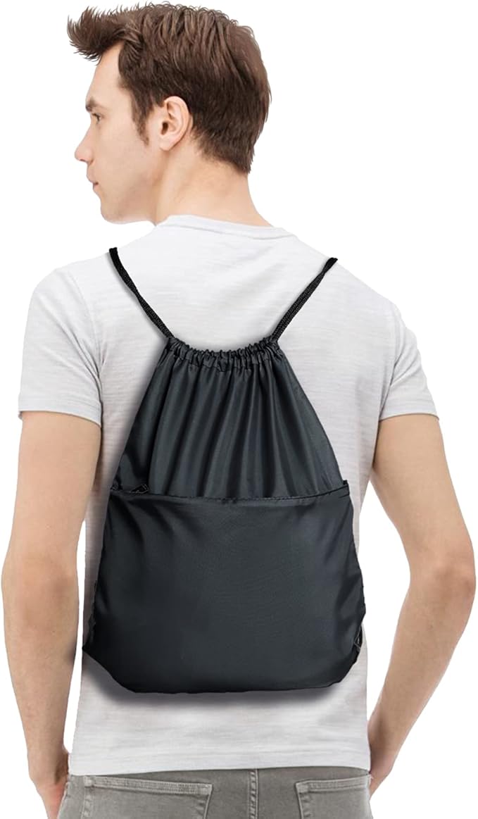 Drawstring Backpack Sports Water Resistant String Bag Sport Gym Sackpack for Women Men Large with Zipper, Black
