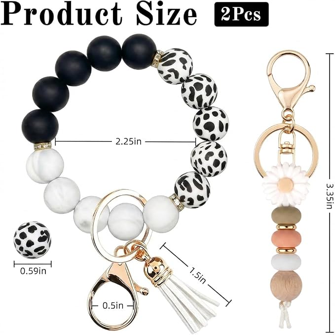 2PCS Bracelet Key Ring Set, Cute Car Key chain Wristlet, Silicone Beaded Bangle keyChains for Women Girls