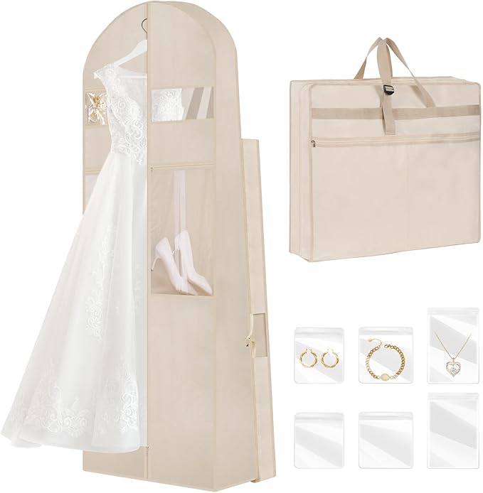 Wedding Dress Garment Bag,72’ Tri-Fold Bridal Gown Bag with 12 Pouches and Adjustable Buckle Gown Cover for Wedding/Prom/Travel/Closet Storage (2pcs Beige)