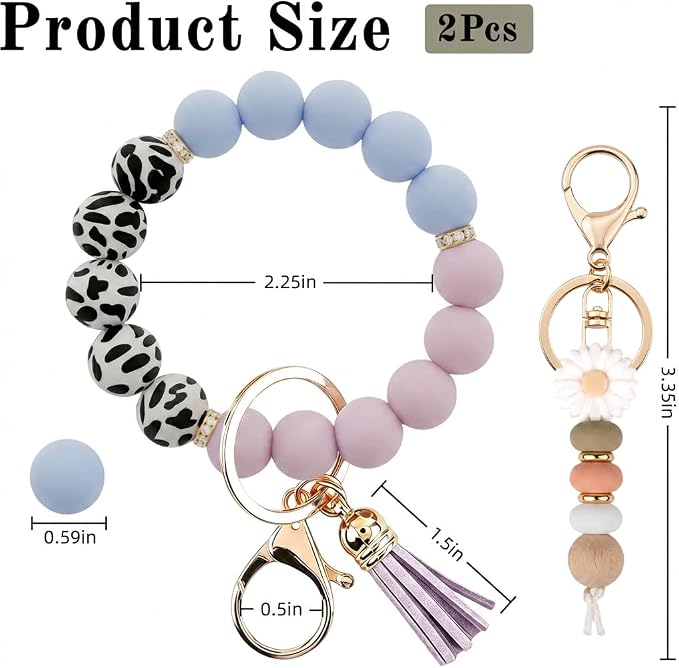 2PCS Bracelet Key Ring Set, Cute Car Key chain Wristlet, Silicone Beaded Bangle keyChains for Women Girls