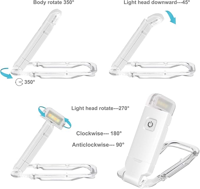 HONWELL Rechargeable Clip On LED Book Light, 3 Brightness Levels Dimmable Bookmark Light for Eye-Protection, Portable Reading Lamp for Bookworms, Travel (White)