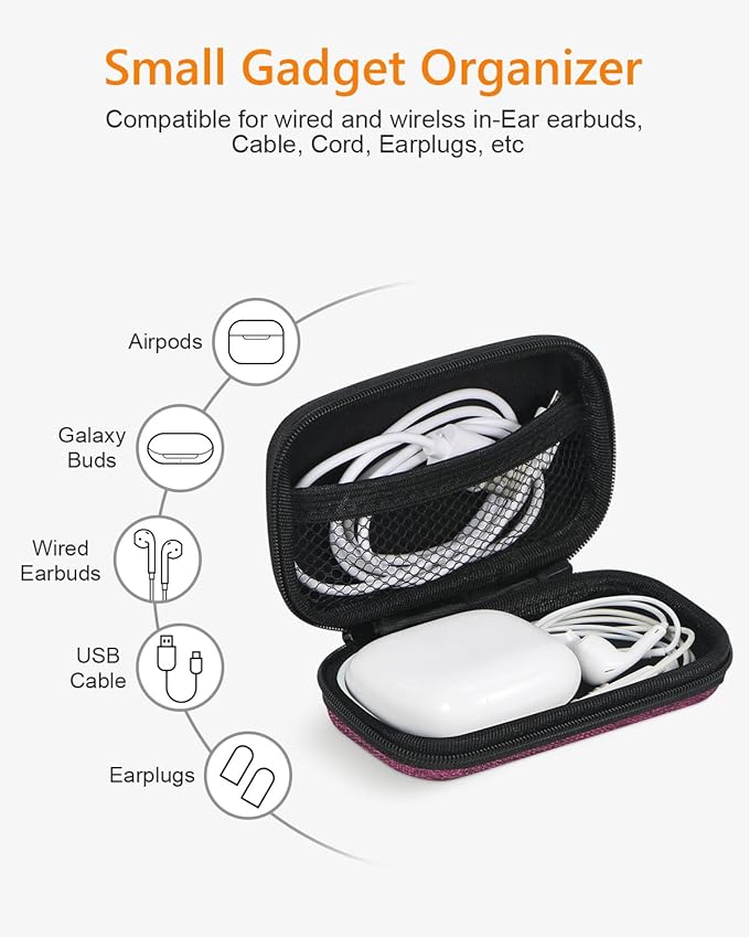 Mini Hard Earbud Case for Apple Airpods, Earpods, Samsung Galaxy Buds, JBL, Sony in-Ear Headphones - Small Cute Protective Case Pouch for Cable, Cord, Card, Earplugs, Heart Monitor - Grape-Purple