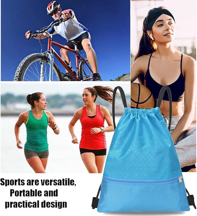 Drawstring Backpack Bag, Waterproof Draw String Back Sack with Zip Pocket, Gym Drawstring Bags Swim Bag for Men Women