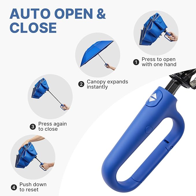 G4Free 46inch Ring Buckle Umbrella, Inverted Design with Carabiner Handle, Compact Travel Umbrella with Reflective Strip, Automatic Windproof for Rain