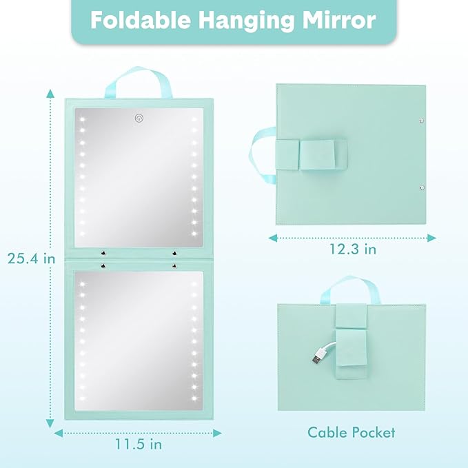 Fabuday Lighted Hanging Mirror for Dance Backstage - Rechargeable Folding LED Full Length Mirror with Lights for Dancers, Portable Foldable Travel Body Mirrors, Brightness Adjustable, Cyan