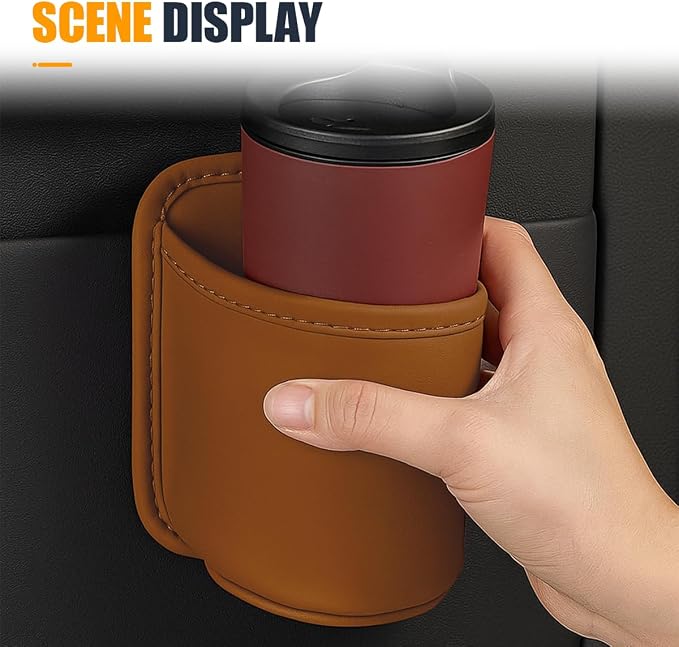 YoRise Leather Car Cup Holder, Scratch-Resistant Clip-On Auto Door Beverage Holders, Universal Hanging Vehicle Back Seat Drink Pocket Organizer for Soda Cans, Water Bottles, Coffee (Orange)