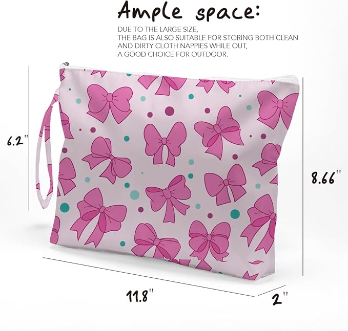 Fokongna Cute Print Wet Bag, Small Portable Waterproof Multi-Functional Organizer for Women, Pink Bow Polka Dot, Ideal for Daily, Beach & Travel