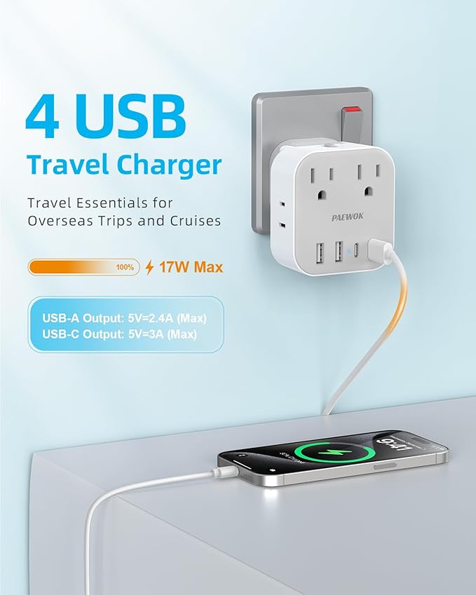 European Travel Plug Adapter Set, 8-in-1 Travel Adapter with 4 AC, 4 USB Ports (2 USB C), US to UK/EU Universal Travel Adapter, International Power Adapter with Type C/G/D/L/A/I Detachable Plugs