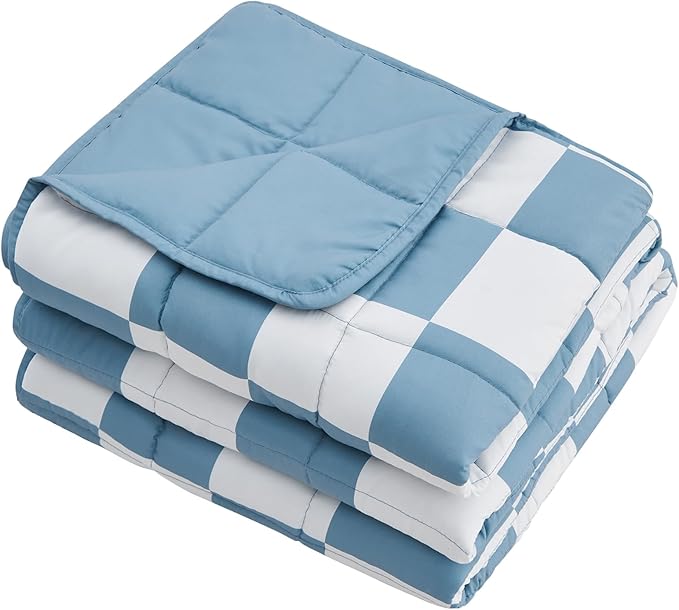 Blue Checkered Weighted Blanket for Adults 20lbs, 60"x80" Queen Size, Cooling Heavy Blanket for 180-220lbs with Premium Glass Beads, Soft Thick Big Blankets for All-Season Sleeping Comfort Breathable