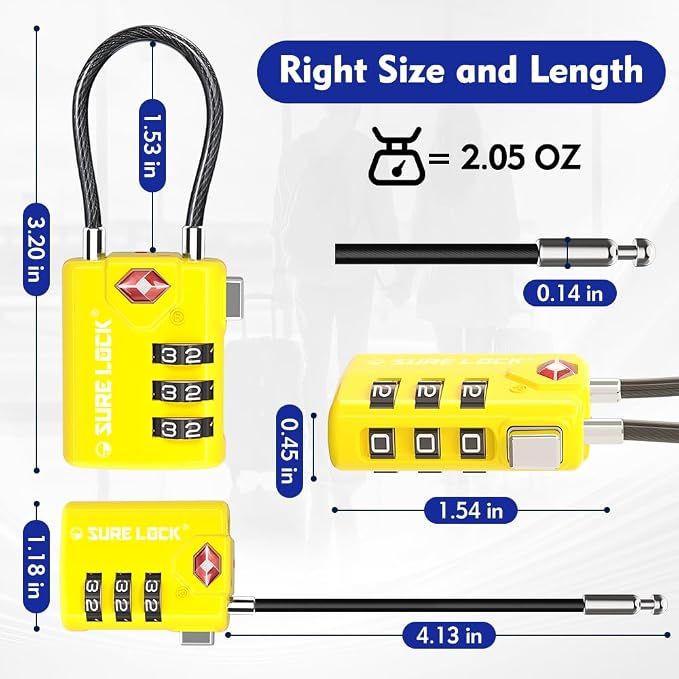 SURE LOCK TSA Approved Luggage Locks with Open Alert Indicator, 3 Digit Combination Cable Travel Lock for Suitcase, Backpack, Gym Locker, Toolbox & Travel Bag(2, Yellow)