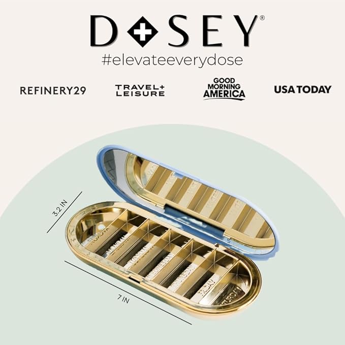 Dosey Compact Travel Pill Organizer - Pill Case with 7 Compartments for Medicine Storage & Protection – Stylish & Elegant Medication Organizer with Mirror, Blue