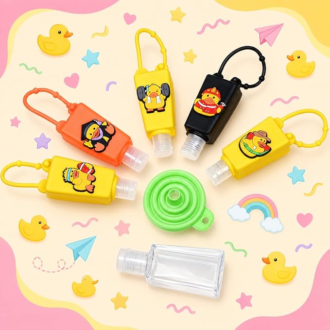5-Pack Kids Cartoon Hand Sanitizer Holder (No Sanitizer Included), 30ml Refillable Travel Bottles with Silicone Case, Leak-Proof for Lotion & Liquid Soap (Duckie Fun)