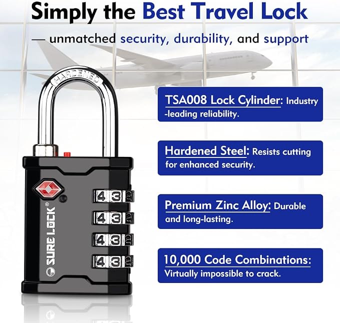 SURE LOCK TSA Accepted 4 Dig Heavy Duty Big Combination Luggage Padlock All Metal Travel Lock for Equipment Hard Case Luggage Gun Case Gym Locker Pelican Vault Lock(2, Black)