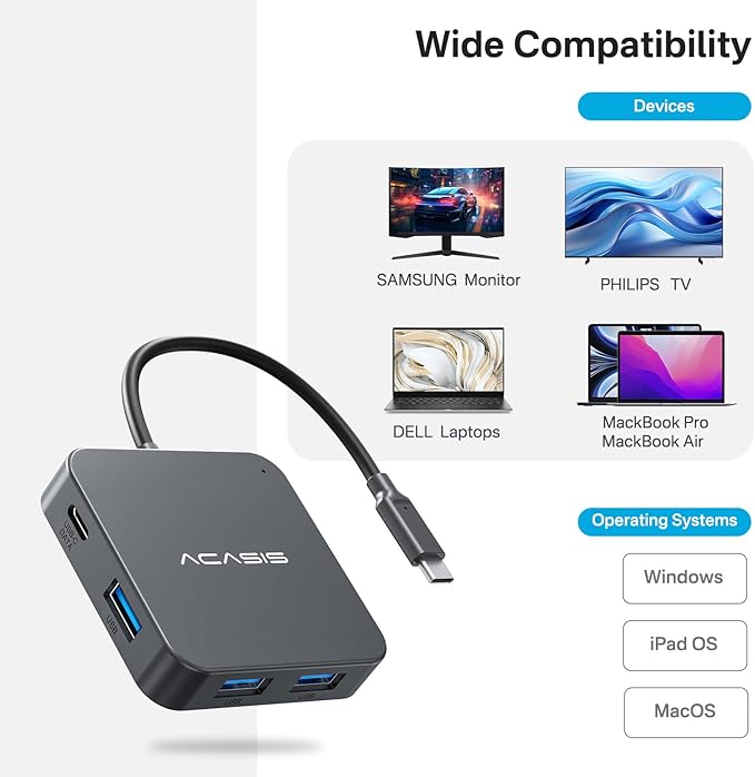 USB C Hub 10Gbps, Multiport Adapter with 4K 60Hz HDMI, 100W Power Delivery, 3 USB A3.1+1 USB-C 3.1 Data Port, USB to HDMI Adapter for MacBook, Dell, Lenovo, Surface, iPad PRO, XPS(Grey)