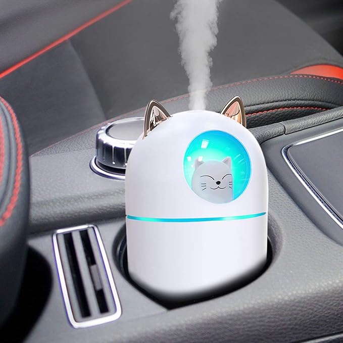 Cute Portable Cool Mist Humidifier with 12 Pcs Sticks & 7 Color Night Light - USB Air Humidifier for Bedroom, Office, Desk, Car, Travel (White + 12 Filter Cotton Sticks)