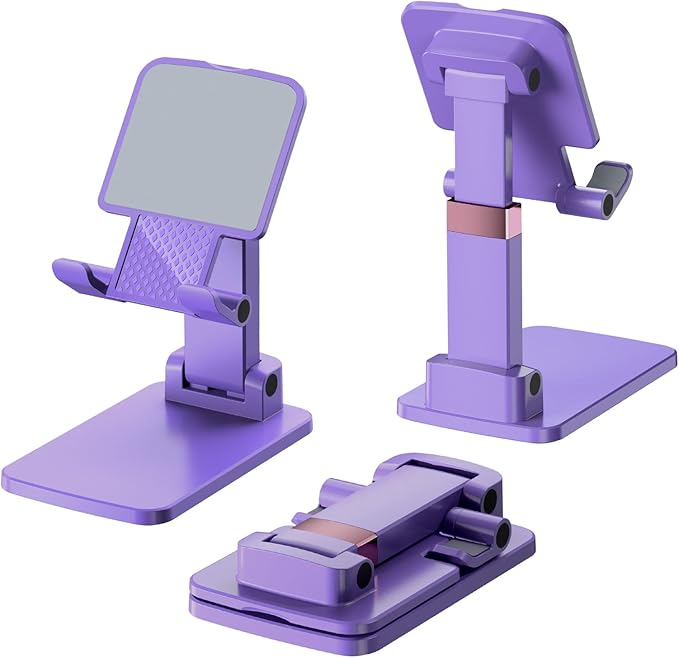 Phone Stand for Desk, Cell Phone Holder Adjustable Cellphone Tablet Stand for Desk Height Angle Adjustable Compact Design for iPhone iPad Android Devices Under 12" (Purple, 1Pack)