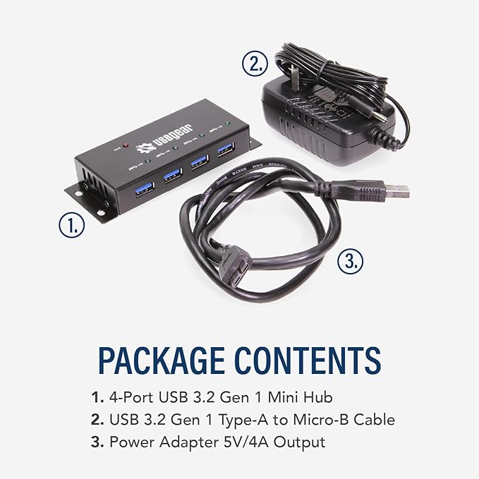 USBGear Compact 4-Port USB 3.2 Gen 1 Mini High-Power Hub w/Power Adapter, Port Status LEDs, 5 Gbps Data, Surface Mountable