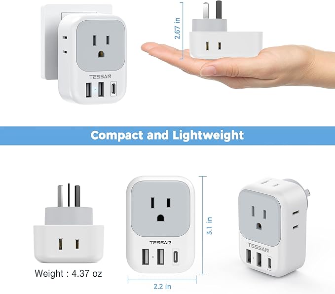Australia Plug Adapter, TESSAN New Zealand Power Adapter with 4 Outlets 3 USB Charging Ports (1 USB C PD 20W), Type I Travel Plug for US to New Zealand China Argentina Fiji AU, 2 Pack