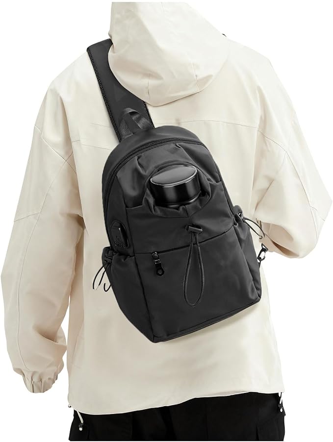 SEAFEW Large Black Sling Crossbody Bag for Men Women, Tactical Backpack Shoulder Daypack Mini Cross Body Motorcycle Chest Bags, Small One Strap Fanny Back Pack for Casual Travel Hiking Sport Gym