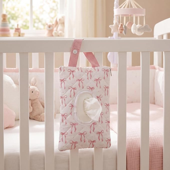 Quilted Pink Bow Baby Wipe Holder Fabric Wipes Dispenser Bag with Handle Portable Wet Wipes Pouch for Baby Travel Home Car Stroller