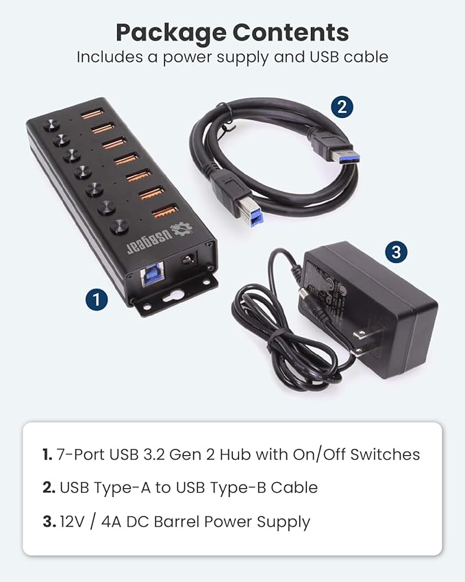 USBGear 7 Port USB 3.2 Hub – 10Gbps 48W Charging Hub with Individual On/Off USB Ports for Laptop, PC, Desktop, 12V/4A Power Adapter with Type-A to Type-B Cable (3ft), Computer Accessories