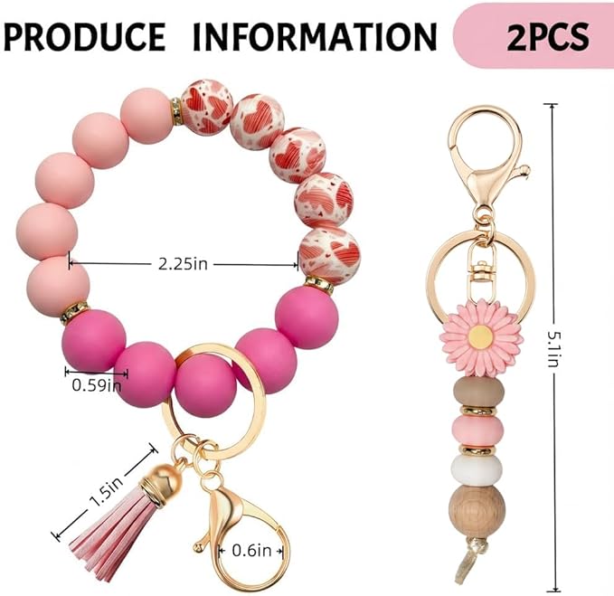 2PCS Bracelet Key Ring Set, Cute Car Key chain Wristlet, Silicone Beaded Bangle keyChains for Women Girls