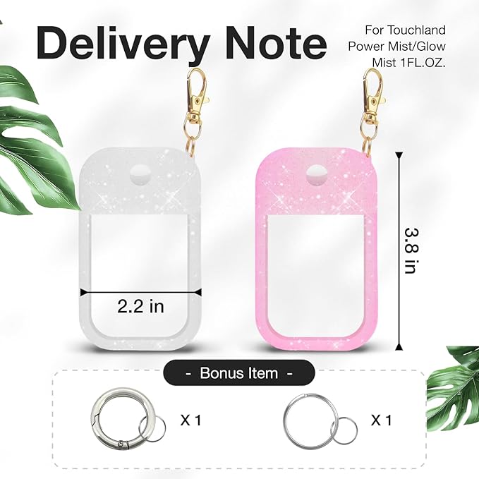 2PCS Silicone Glitter Case for Touchland Power Mist (1FL. OZ./30 mL), Protective and Stylish Case with Keychain Compatible with Touchland Hand Sanitizer Spray (2P-Glitter Pink/Glitter White)