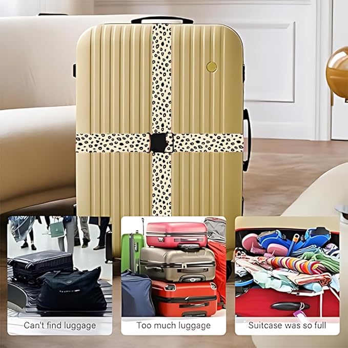 2 Pack Luggage Straps for Suitcases, Adjustable Travel Belt with Buckle, 2" Wide Heavy Duty Suitcase Straps for Summer Vacation, Trendy Leopard Print, Travel Essentials, Cream/Black, Multi
